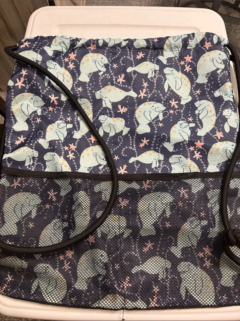 Navy Manatee Drawstring Beach Bag